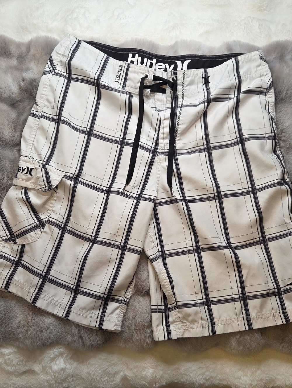 Hurley White Plaid Board Shorts with Black Trim